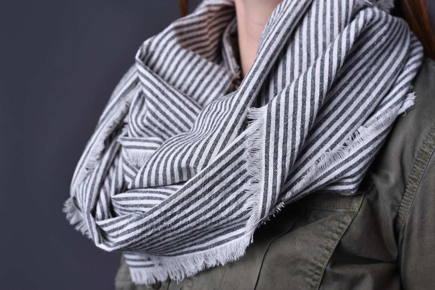 Gray Stripe Linen Infinity Scarf