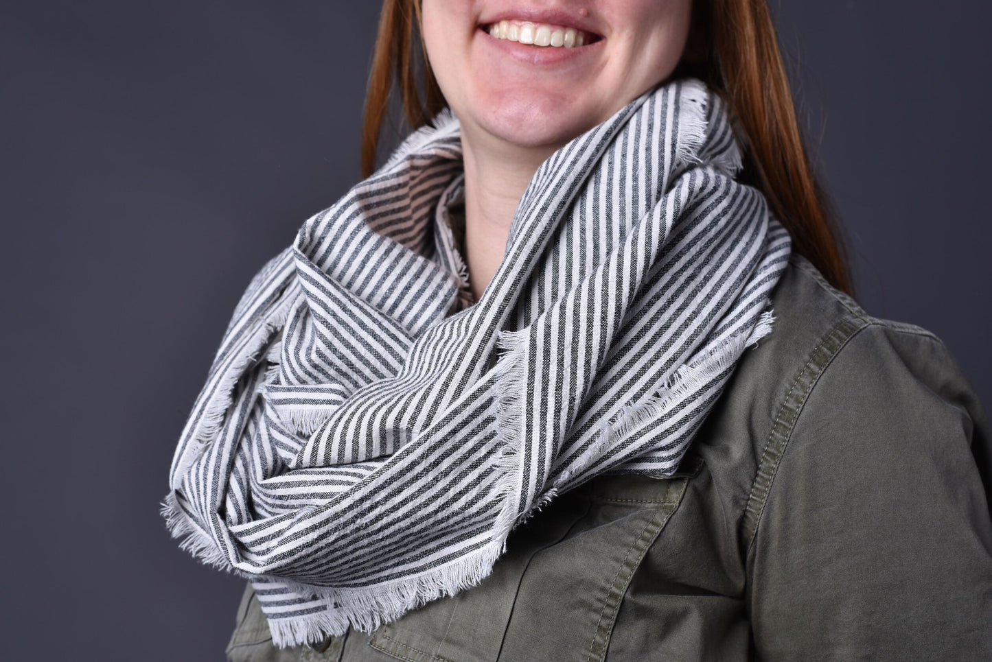 Gray Stripe Linen Infinity Scarf