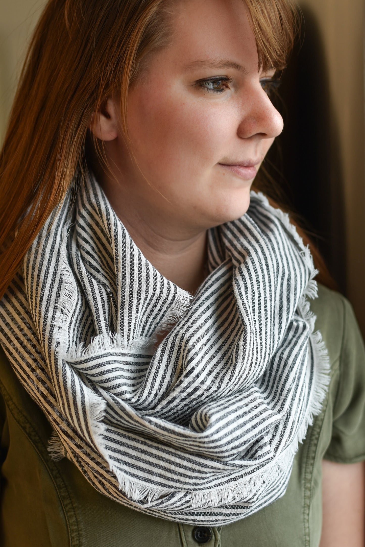 Gray Stripe Linen Infinity Scarf