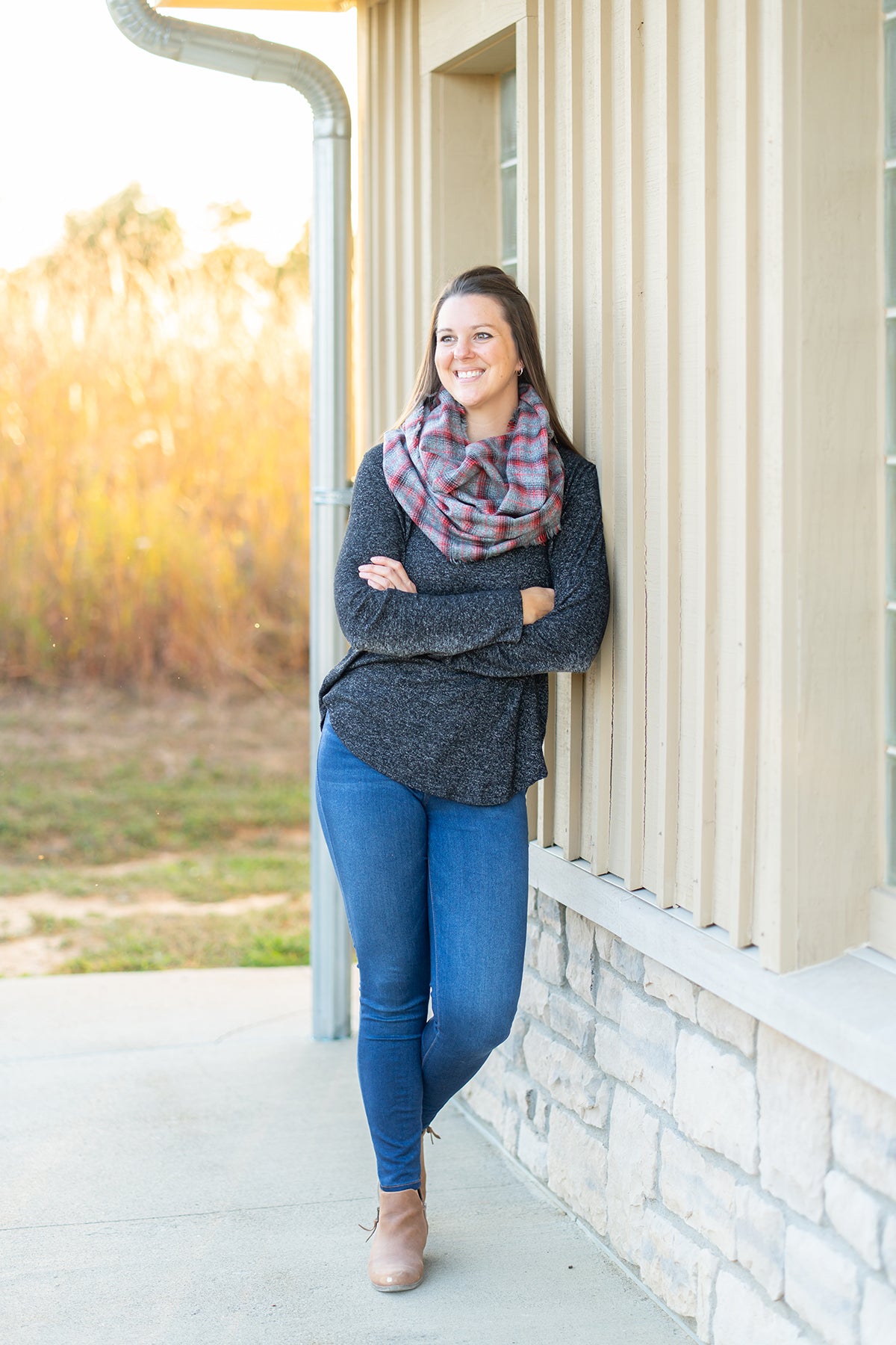 Gray and Red Plaid Flannel Infinity Scarf