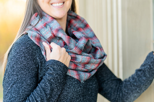 Gray and Red Plaid Flannel Infinity Scarf