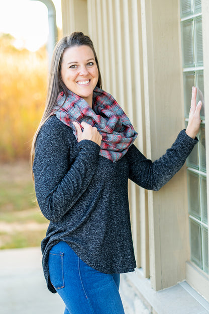 Gray and Red Plaid Flannel Infinity Scarf