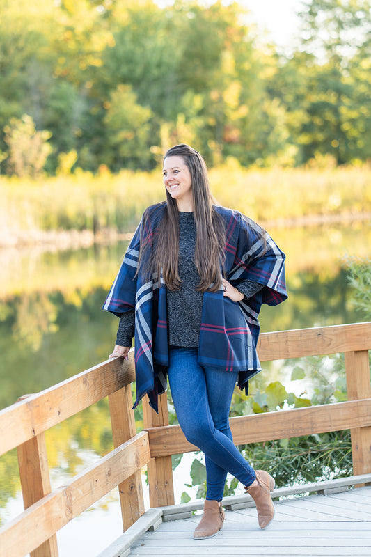 Navy and Maroon Plaid Poncho