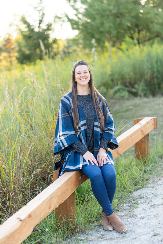 Navy and Tan Plaid Poncho