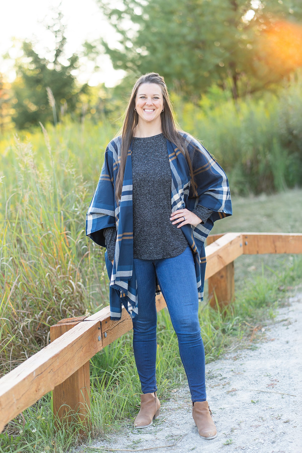 Navy and Tan Plaid Poncho