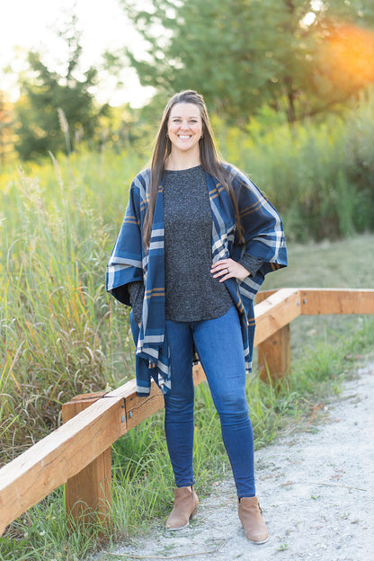 Navy and Tan Plaid Poncho