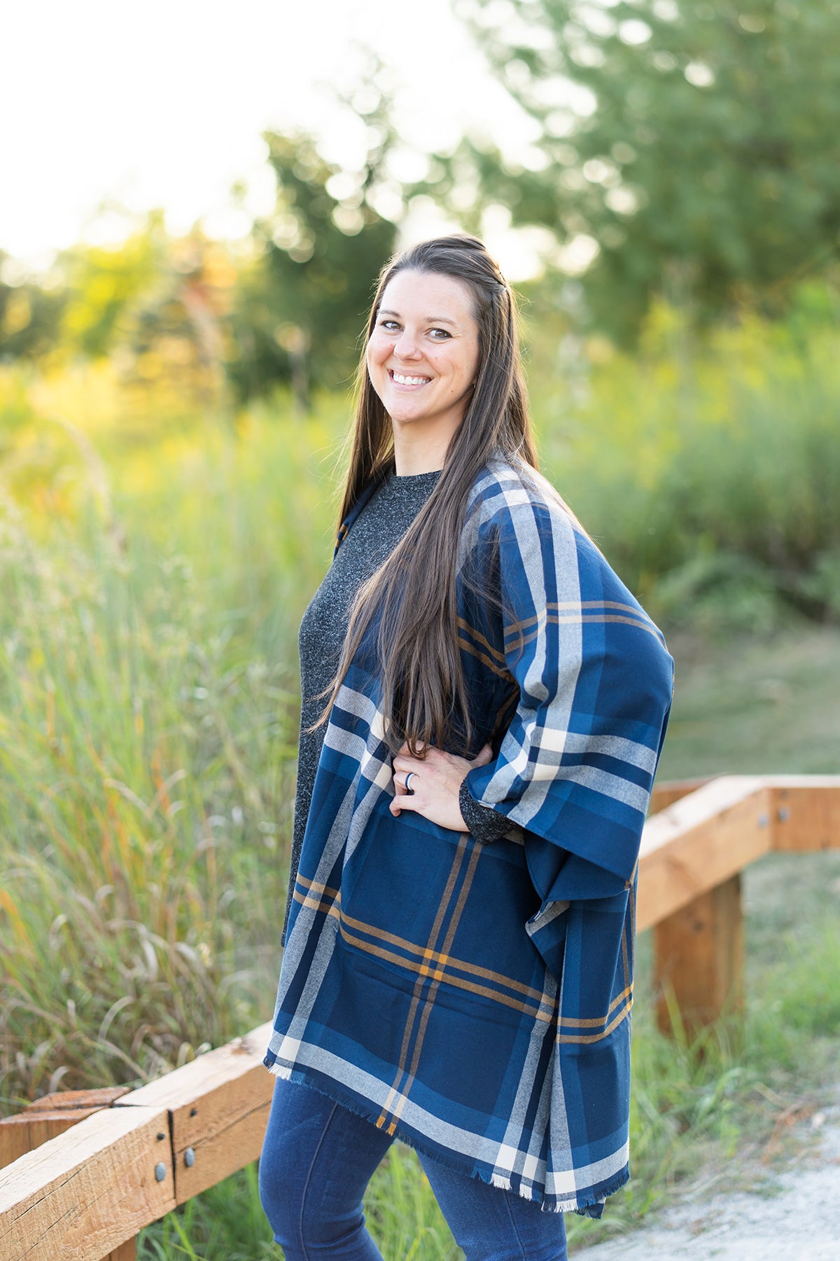 Navy and Tan Plaid Poncho