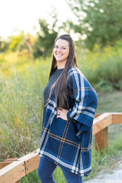 Navy and Tan Plaid Poncho