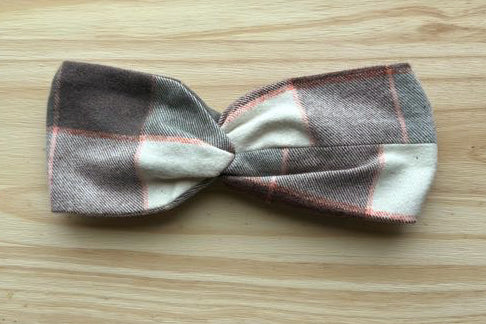 Pink, tan, gray plaid flannel Headband