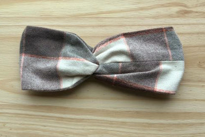 Pink, tan, gray plaid flannel Headband