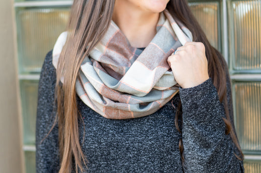 Pink, Tan, Gray Plaid Flannel Infinity Scarf