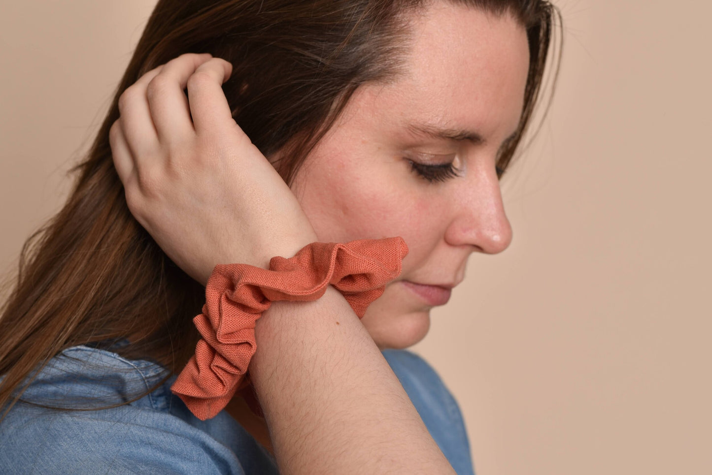 Coral Pink Linen Scrunchie