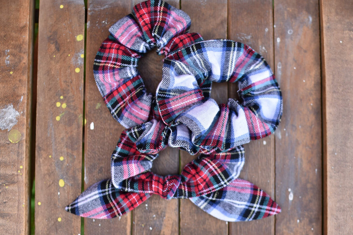 White and Red Tartan Plaid Scrunchie
