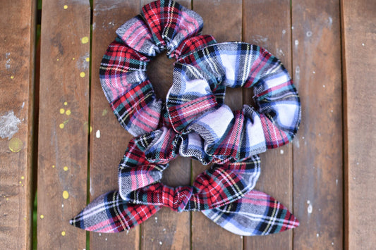 White and Red Tartan Plaid Scrunchie