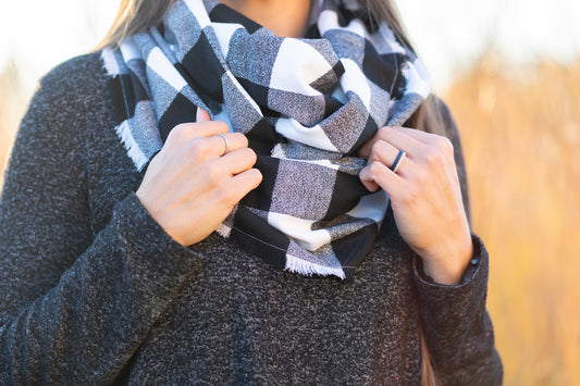 Black and White Buffalo Plaid Infinity Scarf